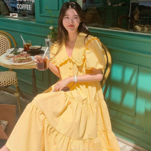 韩国chic夏季温柔柠檬黄木耳边娃娃领拼接层次感大摆型连衣裙女