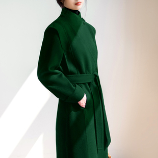 高级感绿色立领盘扣双面羊绒大衣女中长款新中式直筒系带毛呢外套