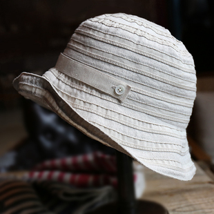 小野商 日本设计棉麻盆帽布帽文艺渔夫帽折叠沙滩遮阳帽春夏女潮