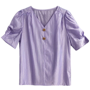 雪纺衫女短袖衬衫2024宽松v领紫色洋气，小衫泡泡袖法式上衣夏