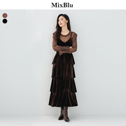 mixblu咖色透明网纱上衣丝绒连衣裙套装法式吊带，蛋糕裙女2024