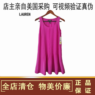 美国 LAUREN圆领无袖百褶套头纯色舒适连衣裙夏季玫红色时尚