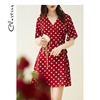 小个子法式茶歇裙2021夏裙子(夏裙子)v领红色短款波点雪纺连衣裙女