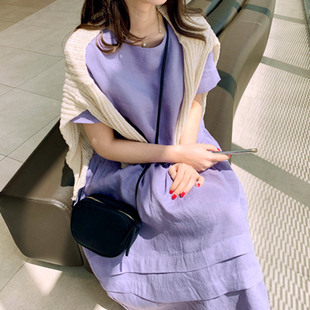 l56韩国女装复古亚麻圆领，短袖夏女连衣裙，宽松腰紫罗兰多巴胺