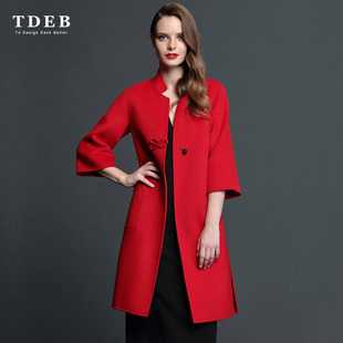 双面羊绒大衣冬季女装，中长款中国风盘扣，大红色七分袖立领毛呢外套
