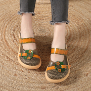 民族风女鞋春季头层牛皮拼色花朵，手工鞋坡跟厚底舒适圆头真皮单鞋