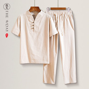 中国风夏季亚麻套装，两件套男士棉麻短袖，t恤大码九分裤宽松休闲裤