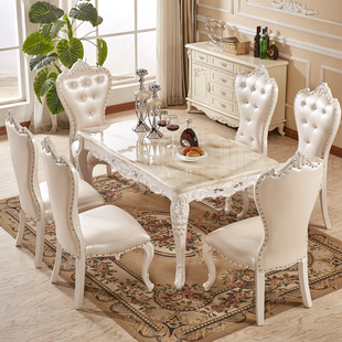 欧式餐桌椅组合大理石长方形，实木餐桌椅子白色，约家用小户型饭桌