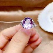 天然紫水晶戒指女S925纯银日韩版时尚气质简约宝石开口指环带证书