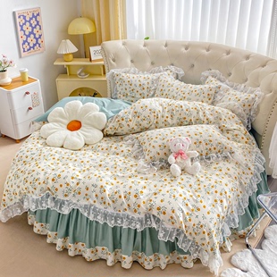 韩式纯棉圆床床裙四件套蕾丝公主风圆形床罩2米全棉少女心床品2.2