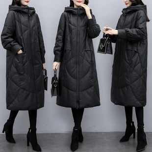 2023韩版时尚洋气加厚保暖外套，大码中长款过膝黑色皮羽绒服女