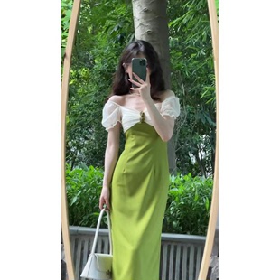 2023新法式复古连衣裙夏季宫廷赫本绿色拼接短袖显瘦气质小礼服长