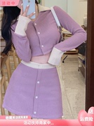 2024春秋季小个子紫色针织套装女装POLO领开衫上衣半身裙两件套潮