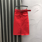 欧洲站红色中长款半身裙，女2024年春夏，高腰修身显瘦包臀牛仔裙