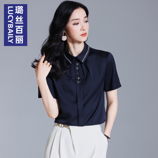 藏蓝色雪纺衫女短袖夏季衬衣显瘦上衣，洋气设计感小众职业气质小衫