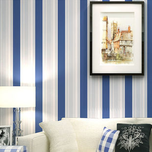 地中海风格无纺布墙纸简约现代卧室客厅电视背景墙，蓝色竖条纹壁纸