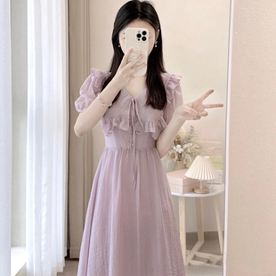紫色连衣裙女夏季小个子高级感荷叶边法式V领收腰显瘦仙女裙