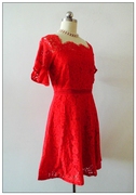 外贸原单欧美潮牌纯正红色精美车骨蕾丝，荷叶袖连衣裙
