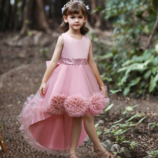 欧美风儿童礼服公主裙，女童花朵拖尾礼服裙钢琴无袖表演蓬蓬裙
