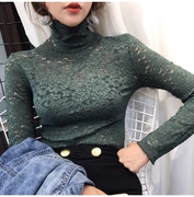 墨绿色复古堆堆领修身蕾丝衫长袖T恤2019秋冬韩版洋气打底衫