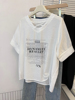 个性t恤女设计独特夏v领短袖韩版大码宽松字母印花褶皱上衣雪纺衫