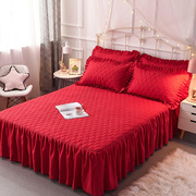 红色结婚床套家用新婚床裙式，床单婚b庆防滑荷叶边高端单件床笠床