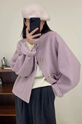 23秋冬韩版紫色双面大衣女短款小香风宽松圆领小个子毛呢外套