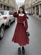 大码女装胖mm法式复古假两件高端精致红色连衣裙秋季2023裙子