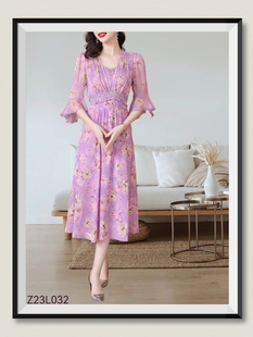 珍思薇尼2023女夏装紫色方领显瘦裙雪纺拼接公主风a字连衣裙