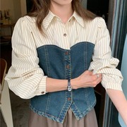 韩国chic春秋法式复古收腰显瘦条纹拼接泡泡袖假两件牛仔衬衫上衣