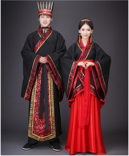 演出服唐装汉服直裾曲裾男女情侣，古代汉代结婚服中式婚礼服装