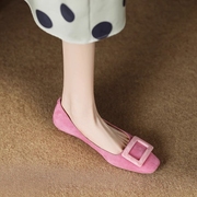 1粉色超爱~法式浅口瓢鞋方头单鞋女平底真皮婚鞋粗跟2cm