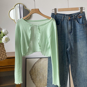 韩式穿搭纯色开衫系带短款长袖针织衫，流行上衣时尚休闲洋气f》23