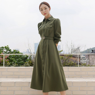 高端秋季连衣裙通勤长袖，polo领军绿色衬衫裙，女2022年洋气时尚