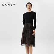 lancy朗姿针织网纱，拼接连衣裙秋冬长袖，法式高级感显瘦裙子女