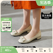 73hours女鞋少女企划春秋法式复古方头粗跟平底鞋白色单鞋女