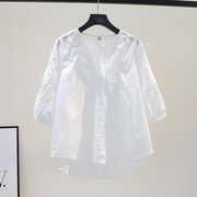 镂空绣花七分袖白色棉衬衫，女圆领宽松衬衣2021夏季韩版小清新上衣