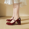 真皮~骄屿法式红色，玛丽珍新娘婚鞋浅口粗跟气质法式高跟单鞋