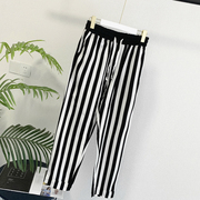 九分裤男夏季薄款时尚休闲裤黑白，条纹复古风哈伦，裤小脚修身潮