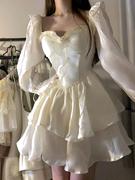 法式白色礼服连衣裙女夏季高级感气质超仙公主，裙收腰蓬蓬短款裙子