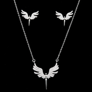 小众设计时尚欧美天使之翼镶钻翅膀吊坠锁骨项链，耳钉套装钛钢饰品