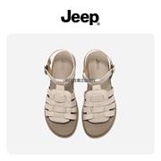 jeep厚底编织罗马女夏季软底2022复古舒适真皮小坡跟凉鞋