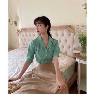 Lotus自制复古赫本风vintage50S翻领棉质松石绿淡粉衬衫上衣女夏