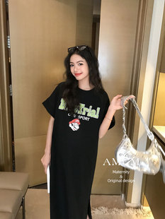 AMUM孕妇装美式复古字母卡通连衣裙女2024夏宽松纯棉短袖T恤