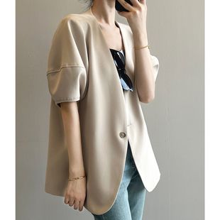 韩版泡泡袖短袖西装外套，女2024春夏薄款休闲宽松半袖西服上衣