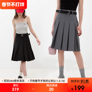 范洛2024年夏季黑色百褶半身裙，女学院风复古高腰，显瘦a字裙子