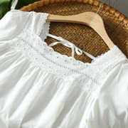 夏季法式蕾丝方领短袖纯棉白色衬衫女显瘦系带小清新套头上衣