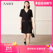 Amii2024夏V领短袖香风织带镶边连衣裙子女小个子裙子小黑裙