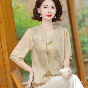 新中式气质上衣妈妈夏装真丝小衫中年女短袖T恤套装夏季雪纺衬衫