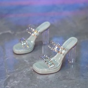 外穿一字拖女2023年夏性感(夏性感，)透明水钻，高跟鞋露趾水晶粗跟凉拖鞋